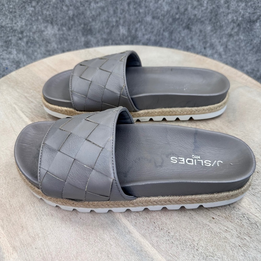 J/Slides NYC Rollie Grey Leather Woven Espadrille Platform Slides Womens 7.5 - Picture 9 of 14